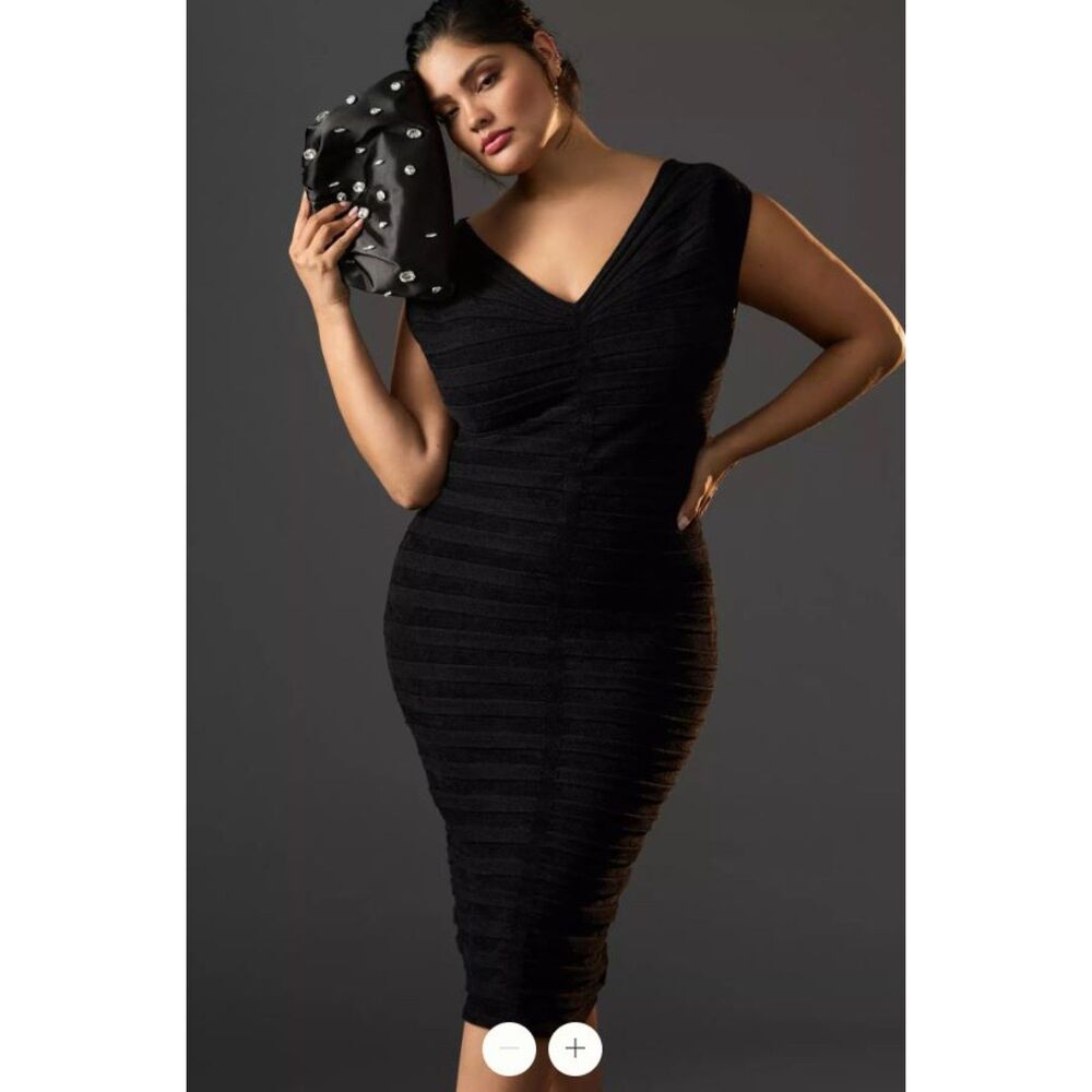 Anthropologie Women's Black Ribbed V-Neck Bodycon Midi Dress Size 1X NWT